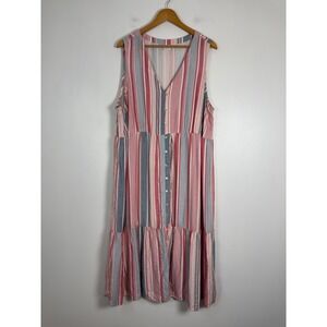 Boho Coastal New Directions Curvy Womens 2X Midi Dress Pink Blue Striped Tiered